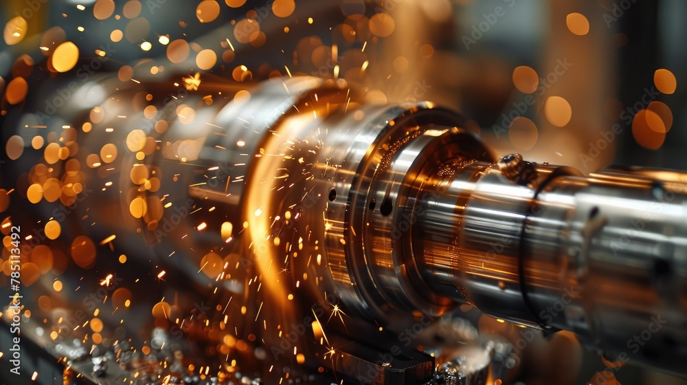 Poster closeup of an industrial lathe cnc with sparks flying around it, focusing on the spinning wheel and 