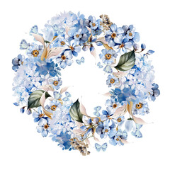 Watercolor wedding wreath with blue flowers and leaves.