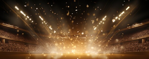 Brown background, lights and golden confetti on the brown background, football stadium with spotlights, banner for sports events