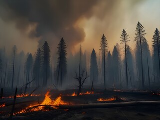 Wild forest fire. Burned trees after forest Fire Generative AI