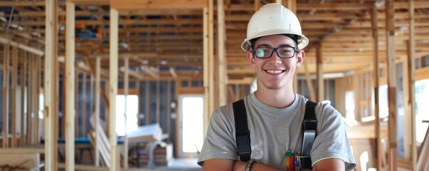 Young construction apprentice with tools in a building frame. Candid portrait with indoor lighting