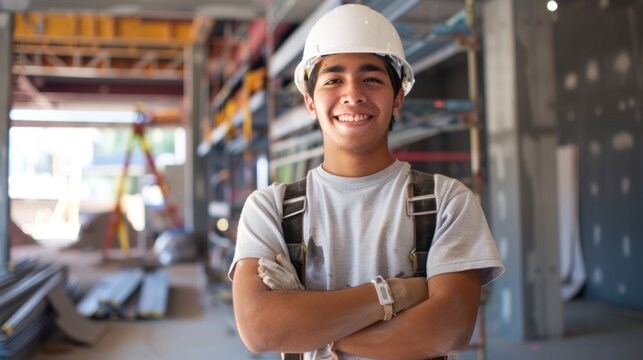 Smiling young worker with crossed arms at construction site. Industrial background with daylight