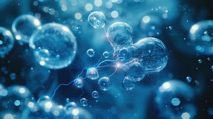 Thousands fizzy science molecule bubbles with tiny electric lightning in bubbles, warp speed. Generative AI.