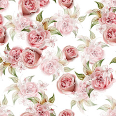 Watercolor pattern with the different roses flowers. - 785113631