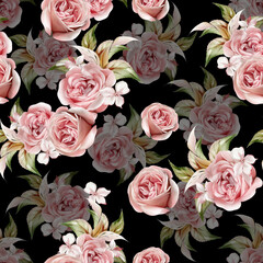 Watercolor pattern with the different roses flowers.