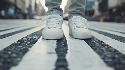 A person wearing white sneakers is standing in the middle of a crosswalk. - obrazy, fototapety, plakaty
