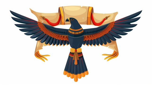 The red cord decorates the ancient Egyptian papyrus scroll. It depicts Egyptian culture symbol, a blank ancient paper, a flying falcon and hieroglyphics.