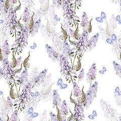 Watercolor seamless pattern with muscari flowers and butterfly. - obrazy, fototapety, plakaty