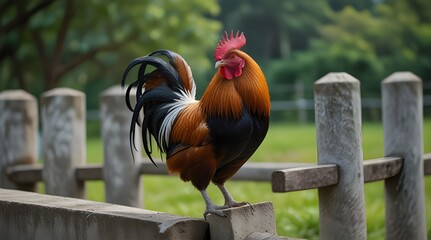 Beautiful male Thai native rooster or cock on cement fence pole with green nature background.generative.ai  - obrazy, fototapety, plakaty