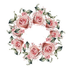 Watercolor wedding wreath with  roses, leaves.
