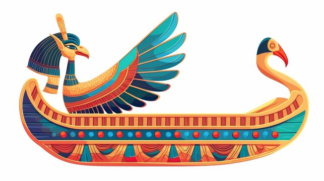 The Egyptian god of the sun, Horus or Ra, is riding in an ancient wooden boat as an illustration for the Egyptian culture, a falcon in a boat either at night or during the day, with a sacred ibis
