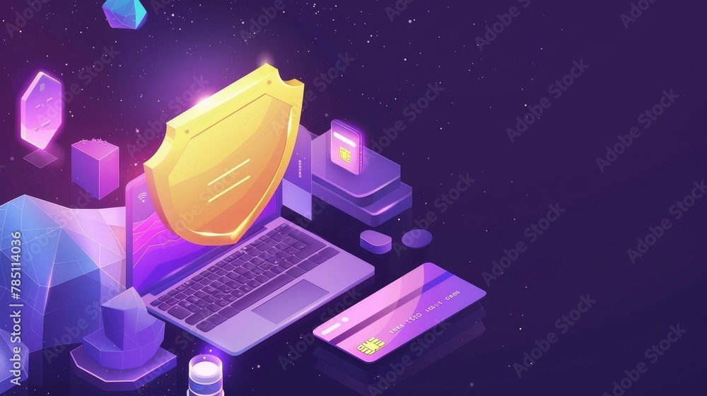 Poster a concept illustration of an online electronic payment using a golden shield on top of an open lapto