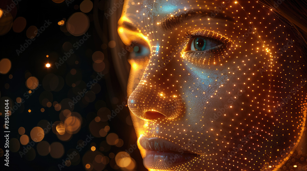 Poster woman face model looking at the camera made of weaving patterns of lines and dots of gold light on b