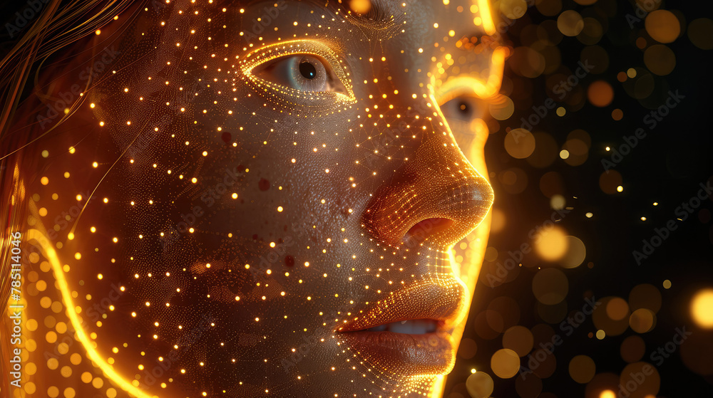 Poster woman face model looking at the camera made of weaving patterns of lines and dots of gold light on b