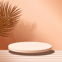 Brown background with palm leaf shadow and white wooden table for product display, summer concept. Vector illustration
