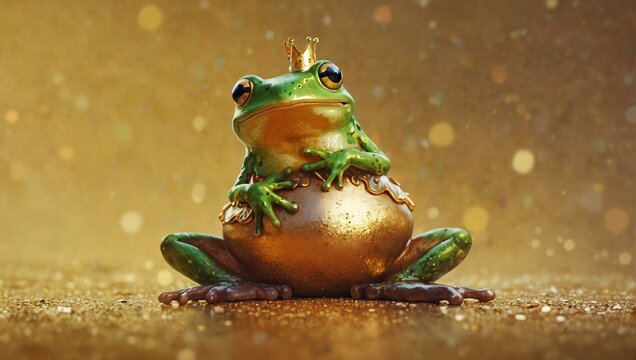 A majestic image of a frog king with a golden crown sitting on a sparkling gold orb amidst a shimmering background