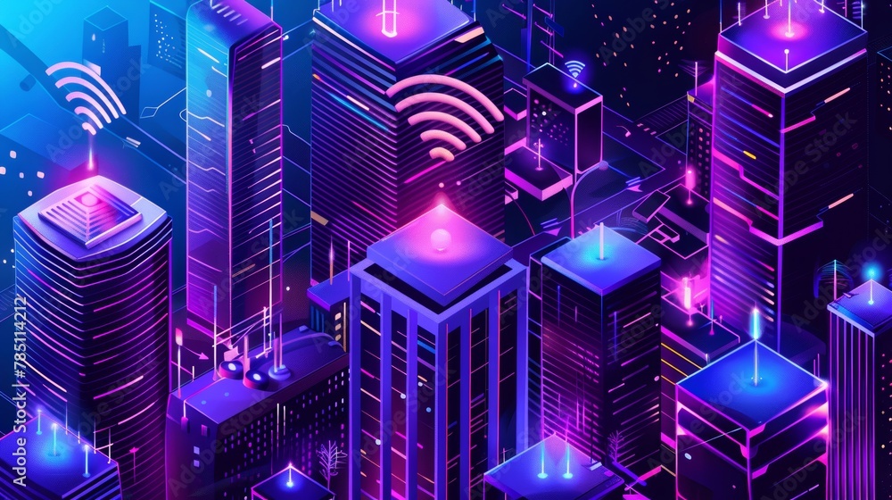 Poster modern illustration of smart city with wireless network technology. isolated tall buildings with sym