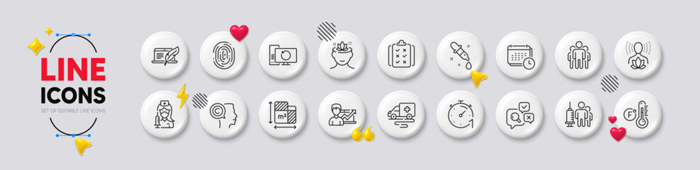 Vaccination, Ambulance transport and Chemistry pipette line icons. White buttons 3d icons. Pack of Copyright laptop, Timer, Floor plan icon. Vector