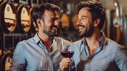 Wine Connoisseurship: Joyful Couple of Men Delighting in Wine Tasting - obrazy, fototapety, plakaty