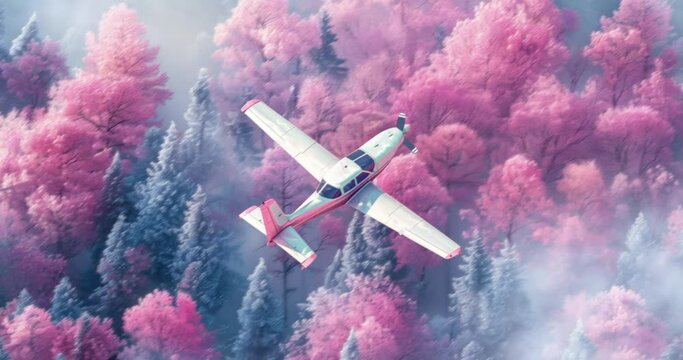 Chill loop animation collage. Airplane flies over the fantastic forest