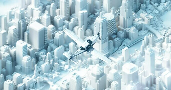 Chill loop animation collage. Airplane flies over the white city. 