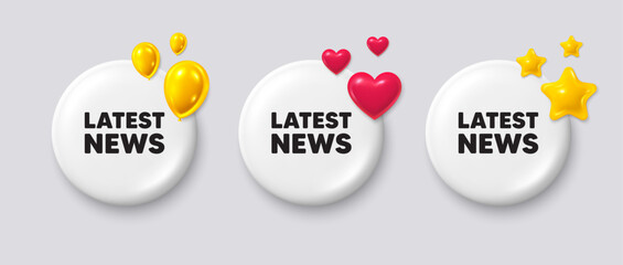 White buttons with 3d icons. Latest news tag. Media newspaper sign. Daily information symbol. Latest news button message. Banner badge with balloons, stars, heart. Social media icons. Vector