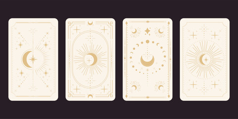 Tarot reverce border card frame gold line border celelstial mystery esoteric decoration with stars and moon. Magic sacred cover