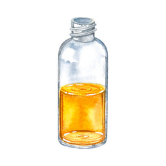 Glass bottle with oil for skin. Hand drawn watercolor illustration of vial with natural body care product isolated on background. Packaging element for design, advertising of cosmetic, label.