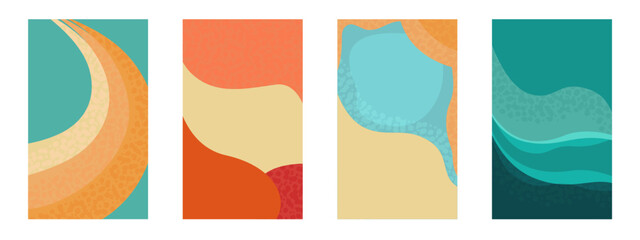 Set of abstract minimalistic summer posters with natural landscape: sea, sun, beach. Collection of posters for travel, vacation, summer parties.