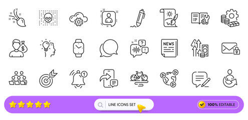 Inflation, Cloud computing and Smartwatch line icons for web app. Pack of Creative painting, Voicemail, Signature pictogram icons. Bike, Video conference, Idea signs. Target, Secure mail. Vector - obrazy, fototapety, plakaty