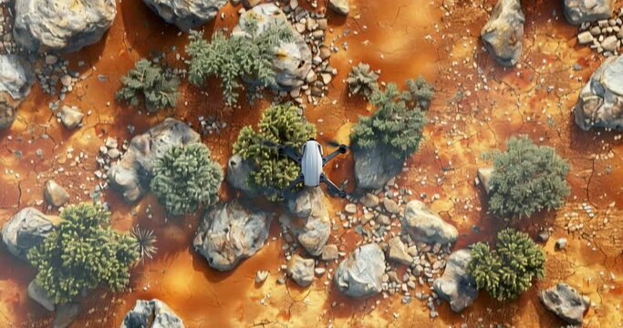 Chill loop animation collage. Quadcopter flies over the desert location. 