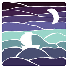 Vector Seascape with Moon and Whale Tail. - 785115402