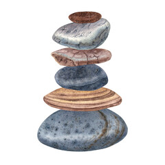 Fototapeta na wymiar Pyramid of balancing stones for zen, yoga. Hand drawn watercolor illustration in gray, brown colors on isolated background. Pebbles for meditation or spirituality. For printing on advertising flyers.