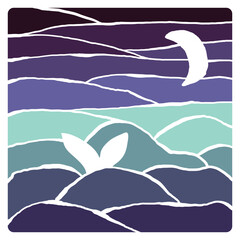 Vector Seascape with Moon and Whale Tail. - 785115436