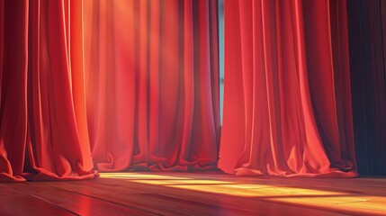 Theater stage curtain and wooden floor. Theater curtain, opera backdrop, concert grand opening or cinema premiere backstage, contest podium, portiere for ceremony performance template realistic 3D - obrazy, fototapety, plakaty