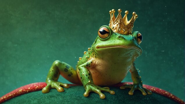 An elegant digital image of a crowned frog perched regally on a plush red cushion exuding royalty