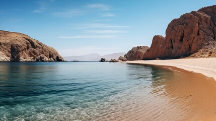 Obraz premium Secluded bay features calm waters and a golden sandy beach, offering a tranquil sanctuary away from the hustle and bustle of everyday life. 