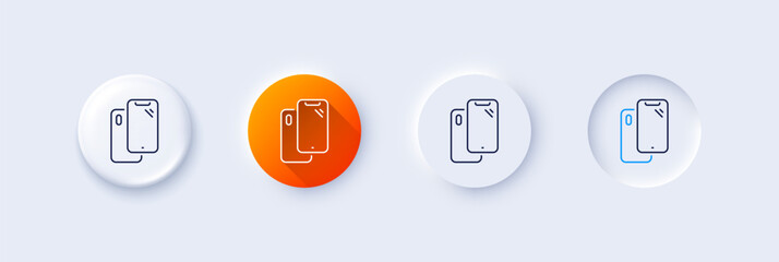 Smartphone line icon. Neumorphic, Orange gradient, 3d pin buttons. Phone cover sign. Mobile device symbol. Line icons. Neumorphic buttons with outline signs. Vector