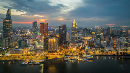 Fototapeta na wymiar June 1, 2023: sunset in District 1, Ho Chi Minh City, Vietnam
