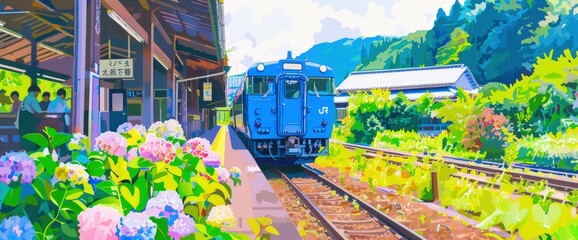 A blue train is driving through the station, surrounded by colorful hydrangea flowers and green plants.  - obrazy, fototapety, plakaty
