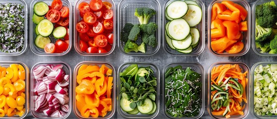 Various colorful vegetables and fruits cut into cubes and slices in glass containers for healthy eating