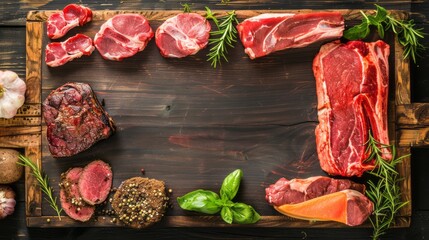 Assorted raw meats and herbs on dark wooden background.