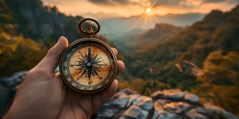 A hand holding a compass with a beautiful sunset in the background