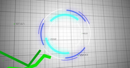 Image of green lines, scope scanning and financial data processing