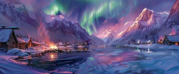 A breathtaking illustration of the Northern Lights dancing above snow-covered mountains, reflecting on an icy lake surrounded by cozy cottages