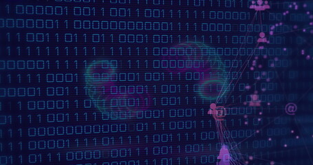 Image of globe of digital icons and spring shapes against binary coding against blue background