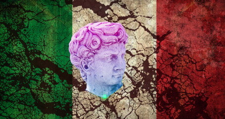 Image of antique head sculpture over flag of italy background