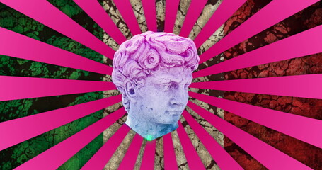 Image of antique head sculpture over pink stripes and flag of italy background