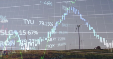 Image of financial and stock market data processing over spinning windmills on grassland - Powered by Adobe