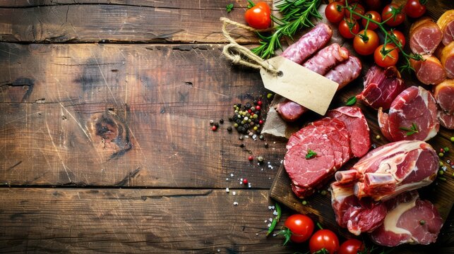Variety of raw meats and sausages with tomatoes and spices on rustic wooden background.